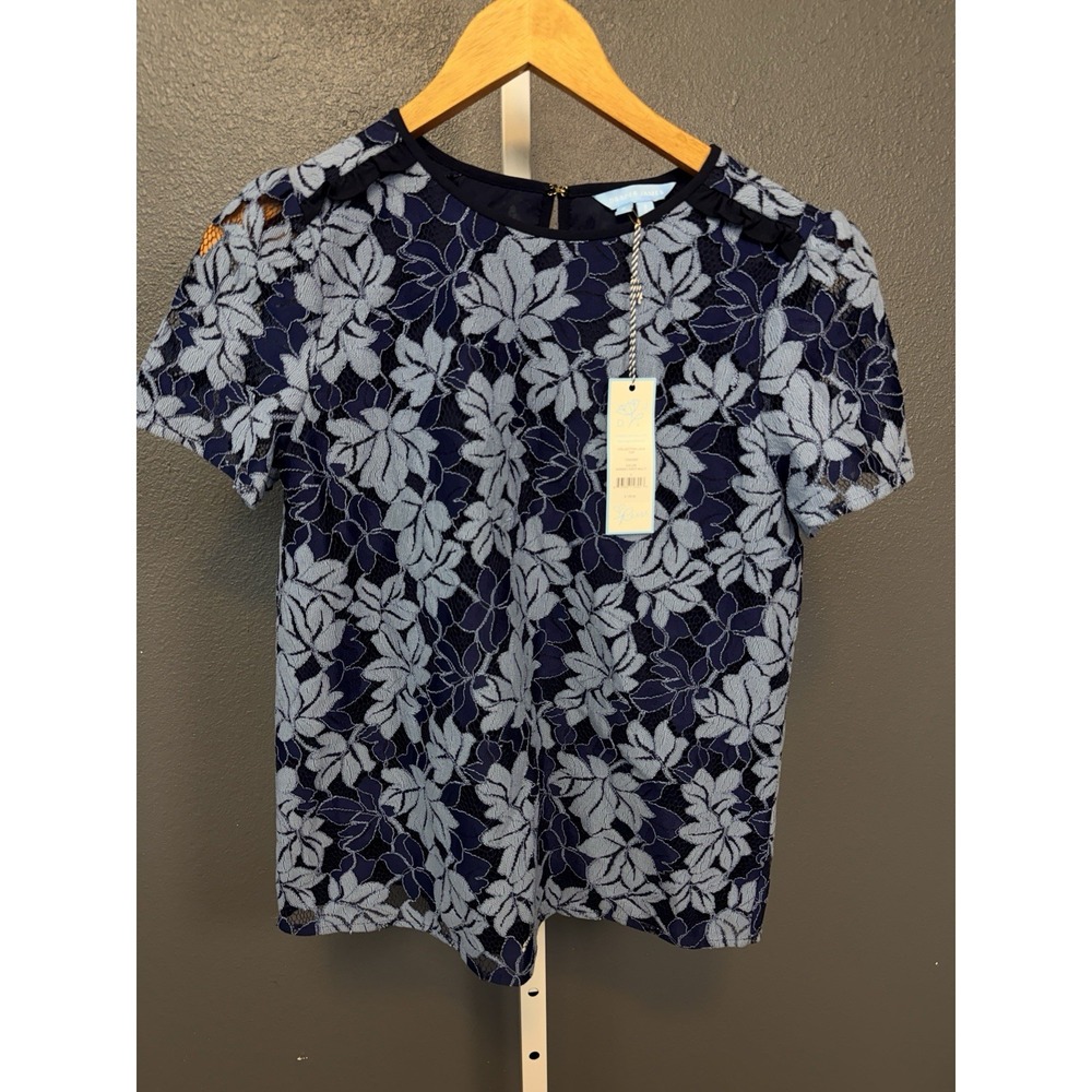 Draper James Navy Blue Light Blue Floral Lace Short Sleeve Top Shirt Size 2